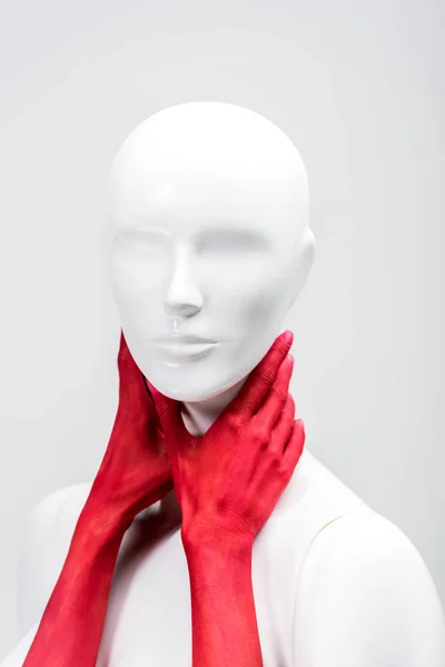 Cropped Image Girl Red Paint Touching Mannequin Neck Hands Isolated — Stock Photo, Image