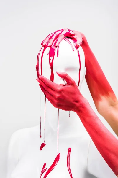 Cropped Image Woman Red Paint Covering Mannequin Mouth Isolated White — Stock Photo, Image