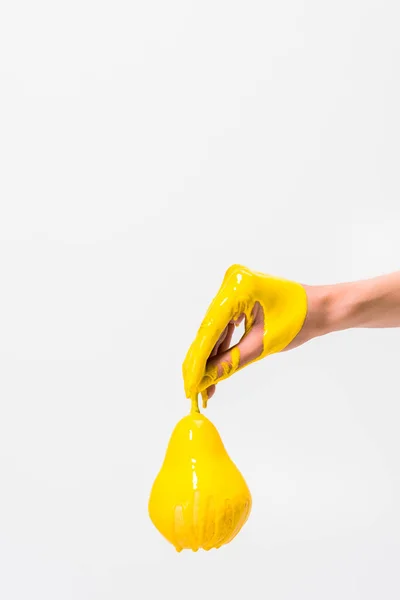 Cropped Image Woman Yellow Paint Holding Pear Hand Isolated White — Stock Photo, Image