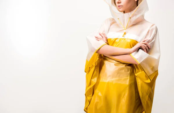 Cropped Image Woman Raincoat Standing Crossed Arms Isolated White — Free Stock Photo