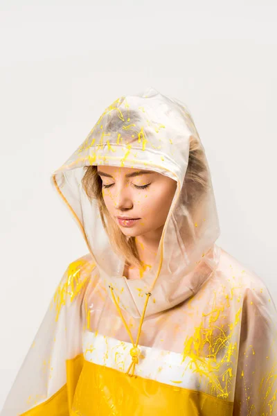 Beautiful Woman Raincoat Hood Painted Yellow Paint Standing Closed Eyes — Stock Photo, Image