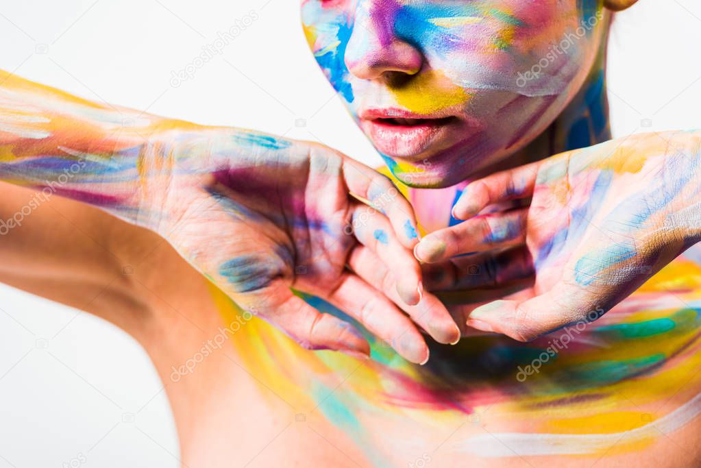 cropped image of woman with bright colorful bright body art isolated on white 