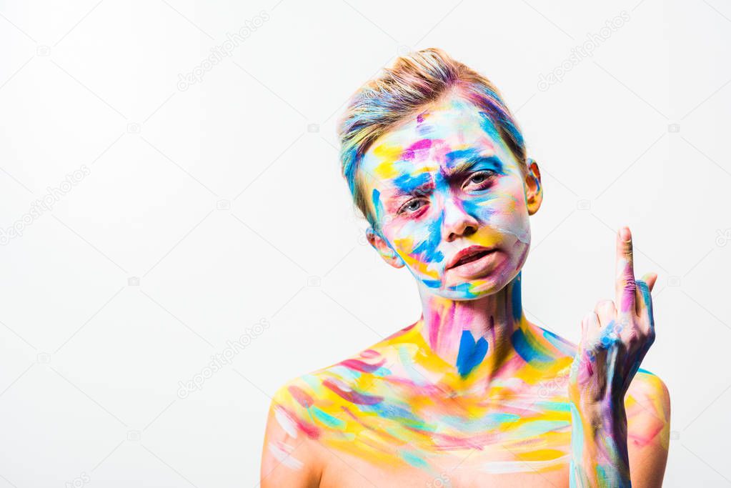girl with colorful bright body art showing middle finger isolated on white