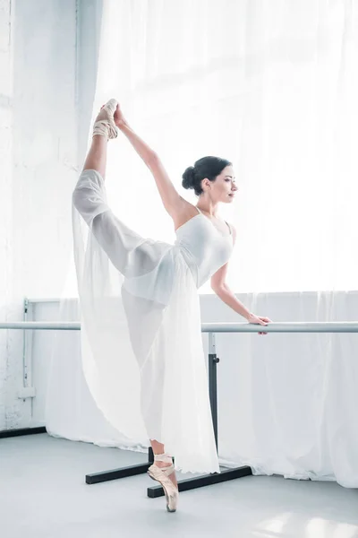 Vista Lateral Elegante Bailarina Joven Flexible Practicando Ballet Estudio — Foto de Stock