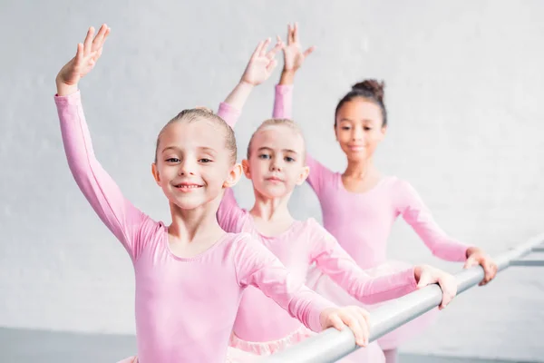 Adorable Multiethnic Kids Practicing Ballet Smiling Camera Ballet Studio — Stock Photo, Image