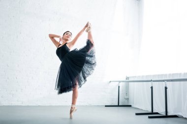 full length view of beautiful elegant young ballerina practicing ballet in studio  clipart