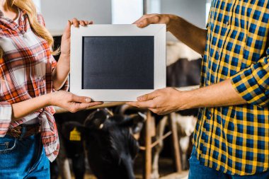 cropped image of farmers showing blackboard in stable clipart