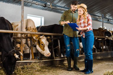 couple of farmers looking at clipboard in stable clipart