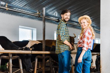 happy couple of farmers looking at camera in stable with cows clipart