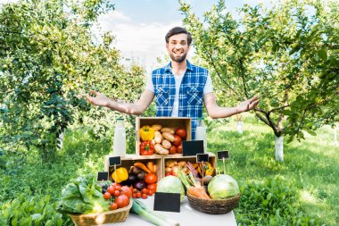 handsome farmer standing with open arms near stall at farmer market clipart