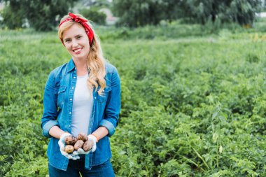 smiling attractive farmer holding ripe potatoes in field at farm and looking at camera clipart