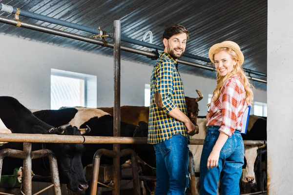 Šťastný Pár Farmářů Pohledu Kamery Stáji Krávy — Stock fotografie zdarma