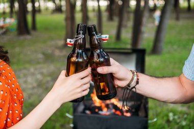 Barbekü park sırasında çift tungur bira şişesi bardak kırpılmış