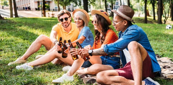 Amigos Multirraciais Felizes Batendo Garrafas Cerveja Enquanto Descansa Cobertor Parque — Fotografia de Stock Grátis