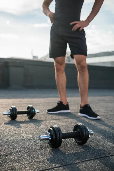 Cropped Image Man Standing Dumbbells Roof — Free Stock Photo