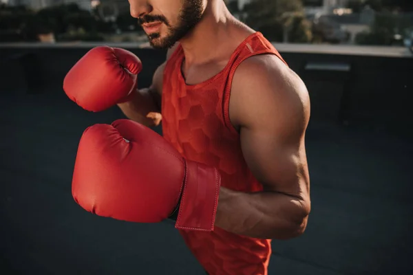 Abgeschnittenes Bild Vom Boxtraining Mit Boxhandschuhen Auf Dem Dach — Stockfoto