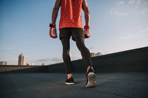 Περικομμένη Εικόνα Του Αθλητή Περπάτημα Γάντια Του Μποξ Στη Στέγη — Δωρεάν Φωτογραφία