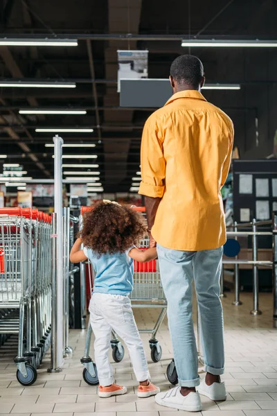 Rear View African American Man Standing Daughter Shopping Trolley Supermarket — Free Stock Photo