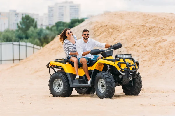 Happy Active Young Couple Riding All Terrain Vehicle Desert — Stock Photo, Image