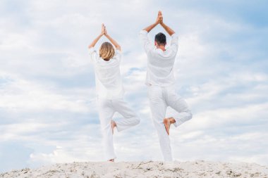Dikiz çift beyaz giysili pratik yoga kabuklarıyla kumlu ağaç poz (Vrksasana)