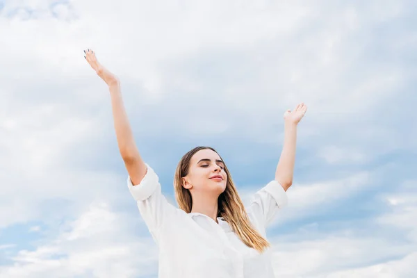 Beautiful Young Woman Meditating Raised Hands Front Cloudy Sky — Stock Photo, Image