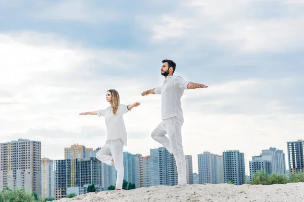 Beautiful Young Couple Practicing Yoga Tree Pose Vrksasana Sandy Dune — Stock Photo, Image