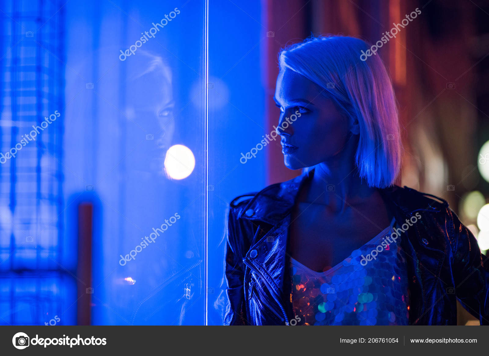 Stylish Young Woman Glossy Tank Top Leather Jacket Street Night Stock