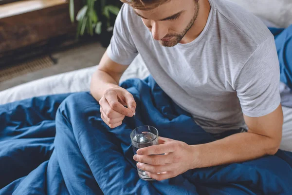 High Angle View Young Man Headache Putting Pill Glass Water — Stock Photo, Image