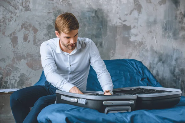 Serious Businessman Packing Luggage Suitcase Bedroom Home — Stock Photo, Image