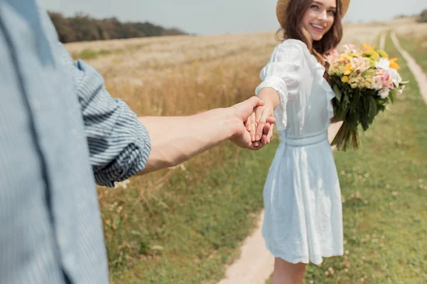 Partial View Smiling Woman Bouquet Wild Flowers Boyfriend Holding Hands — Stock Photo, Image