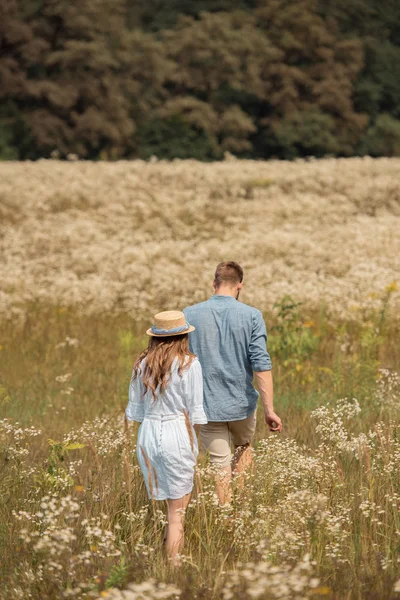 Rear View Couple Walking Filed Wild Flowers — Stock Photo, Image