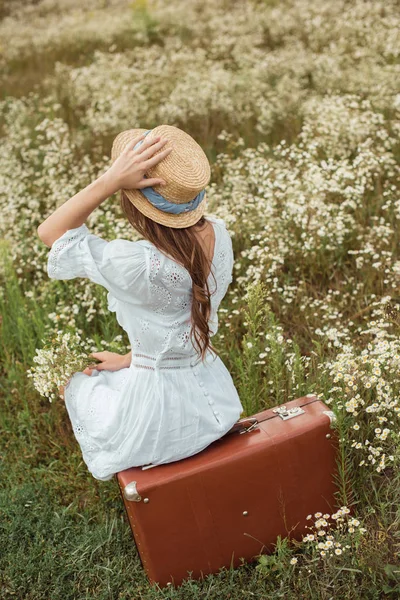 back view of woman in white dress with bouquet of wild camomile flowers sitting on retro suitcase on meadow