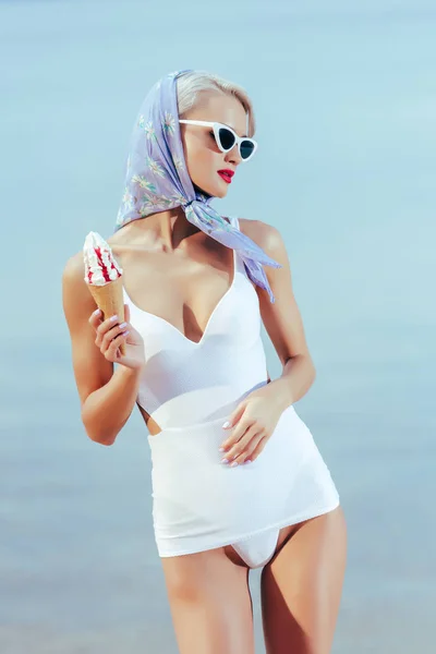 Attractive Girl Vintage Swimsuit Sunglasses Holding Ice Cream Posing Sea — Stock Photo, Image