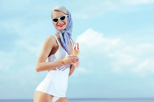 Attractive Smiling Girl Vintage Swimwear Silk Scarf Trendy Sunglasses Holding — Stock Photo, Image