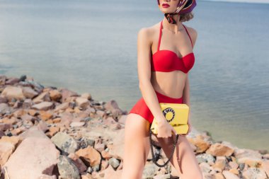 kayalık plaj sarı telefon ile poz kırmızı vintage bikini model görünümü kırpılmış