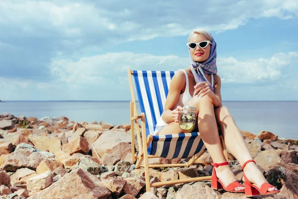 Elegant Stylish Girl Holding Cocktail Relaxing Beach Chair Rocky Shore — Stock Photo, Image