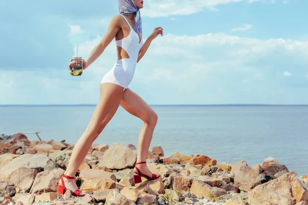 Cropped View Woman Vintage Swimwear Holding Mason Jar Lemonade — Free Stock Photo