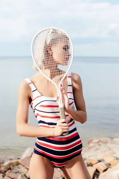 Blonde Attractive Woman Striped Swimsuit Posing Tennis Racket Shore — Stock Photo, Image