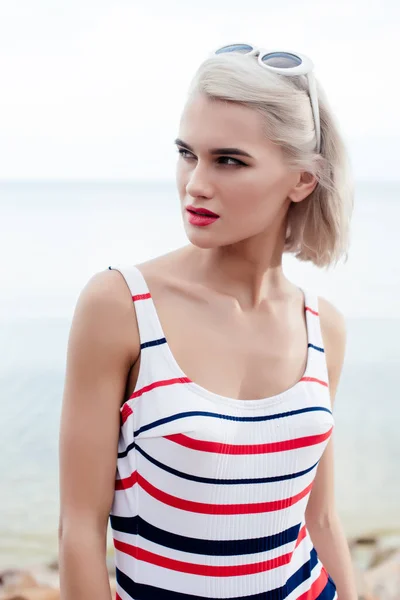 Attractive Blonde Woman Posing Retro Striped Swimsuit Sunglasses — Free Stock Photo
