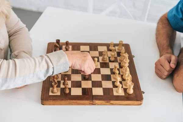 Close Partial View Senior Woman Playing Chess Social Worker — Stock Photo, Image