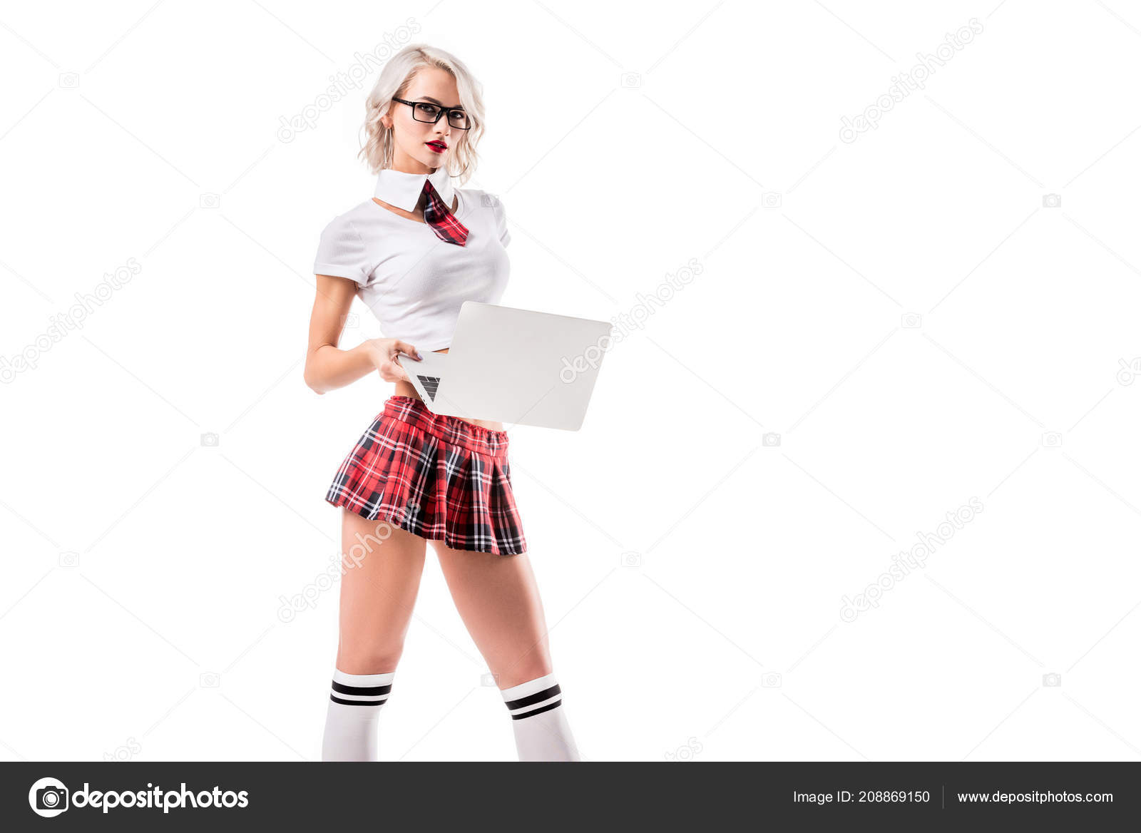 Young Woman Seductive Schoolgirl Uniform Laptop Looking Camera Isolated White Stock Photo Young Woman Seductive Schoolgirl Uniform Laptop Looking Camera Isolated White Stock Photo