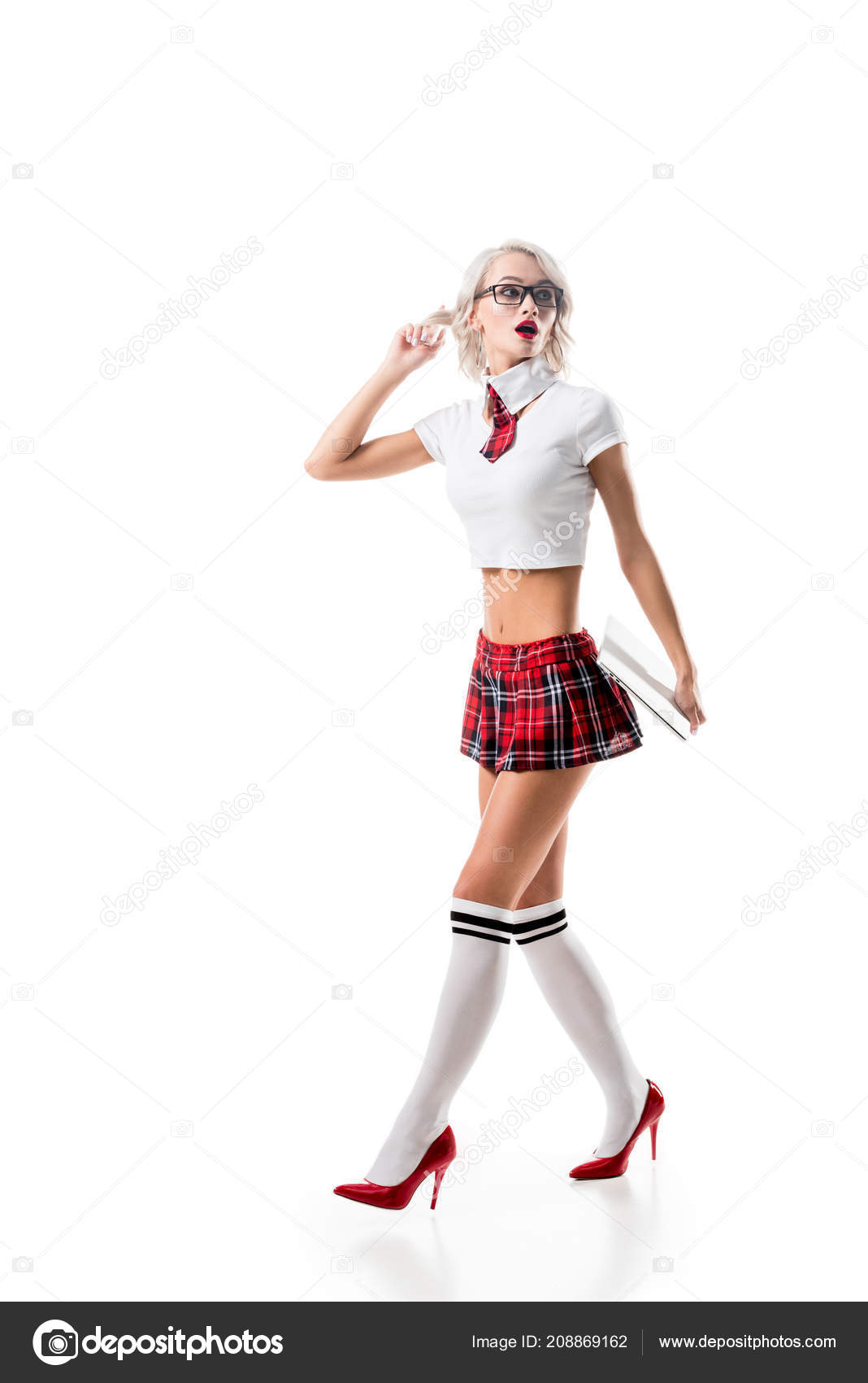 Emotional Woman Seductive Schoolgirl Uniform Laptop Isolated White Stock Photo Emotional Woman Seductive Schoolgirl Uniform Laptop Isolated White Stock Photo