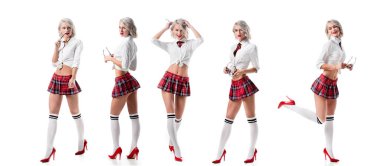 collage photo of sexy young woman in schoolgirl clothing posing isolated on white clipart