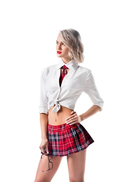 Portrait Sexy Young Woman Short Schoolgirl Plaid Skirt Eyeglasses Posing — Stock Photo, Image