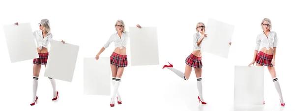 Collage Foto Mujer Rubia Sexy Uniforme Colegiala Con Pancartas Blanco — Foto de Stock