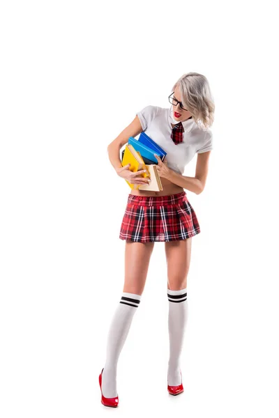 Sexy Blond Woman Schoolgirl Clothing Holding Pile Books Isolated White — Free Stock Photo