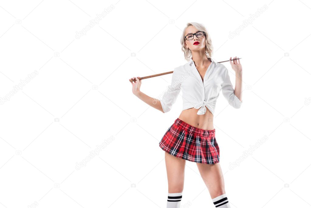 young sexy woman in college uniform with wooden pointer isolated on white