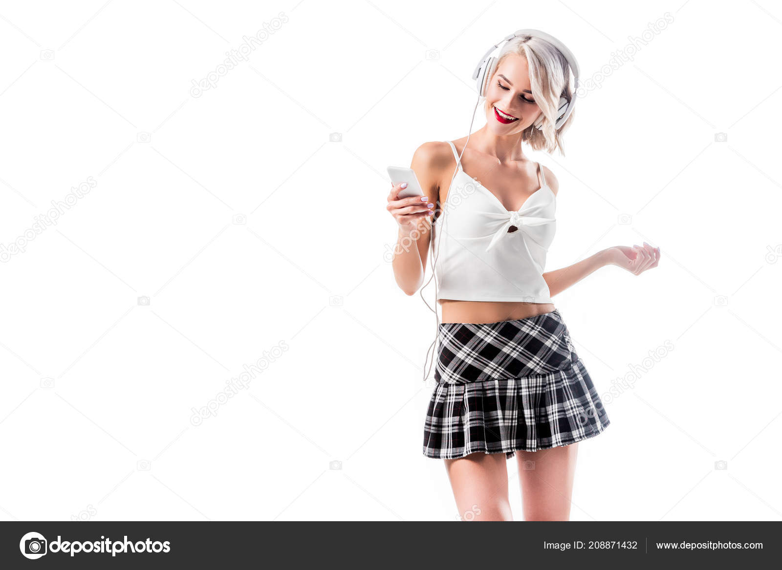 Portrait Seductive Schoolgirl Smartphone Listening Music Headphones Isolated White Stock Photo Portrait Seductive Schoolgirl Smartphone Listening Music Headphones Isolated White Stock Photo