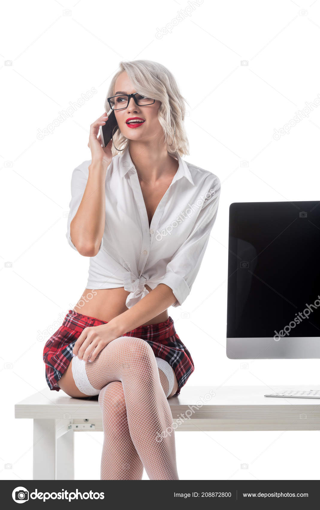 Seductive Schoolgirl Stockings Talking Smartphone While Sitting Table Blank Computer Stock Photo Seductive Schoolgirl Stockings Talking Smartphone While Sitting Table Blank Computer Stock Photo