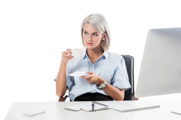 Portrait Businesswoman Cup Coffee Workplace Notebook Computer Screen Isolated White — Stock Photo, Image